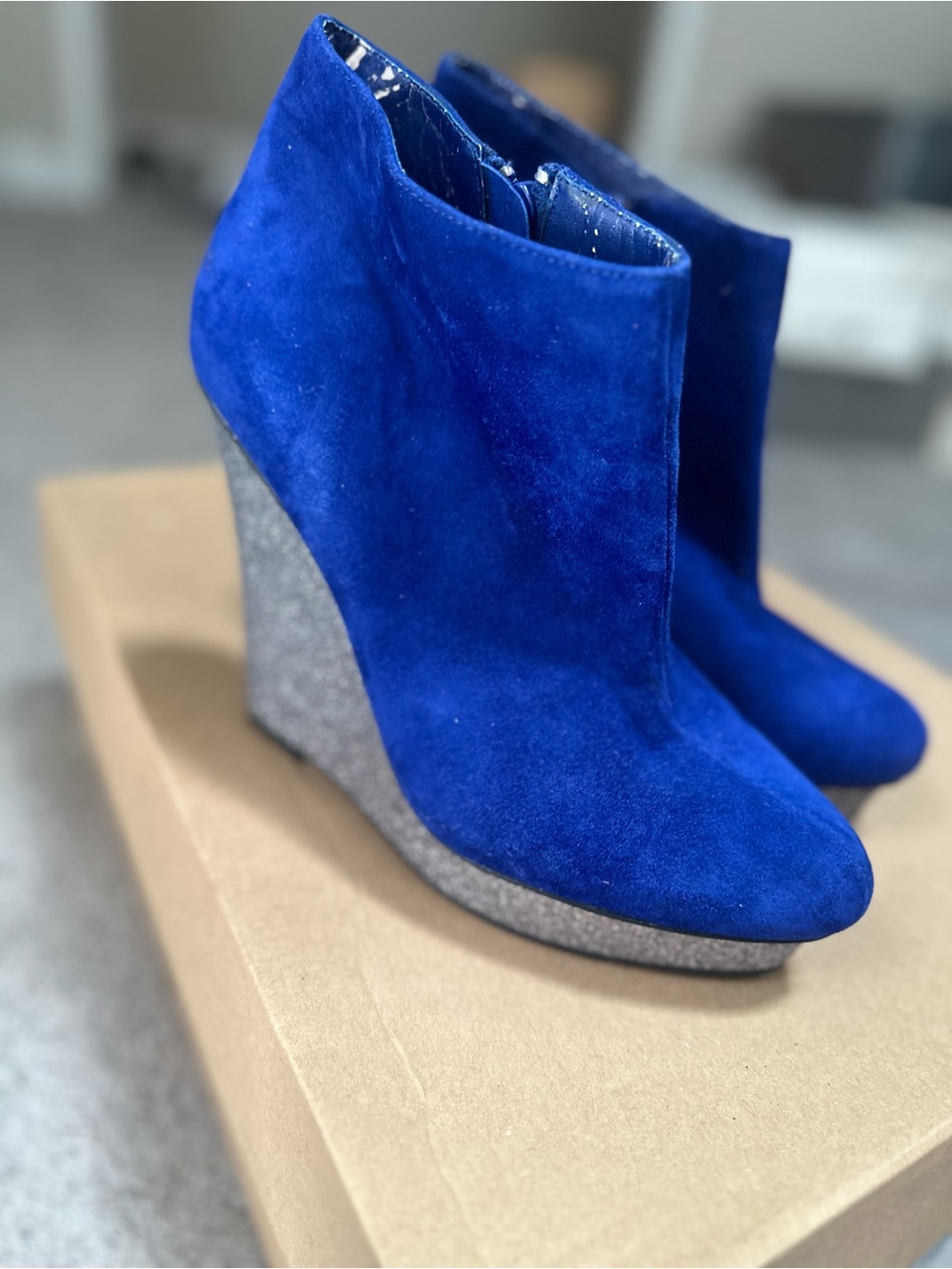 DV by Dolce Vita Cobalt Blue Suede With Silver Glitter Wedge Booties
